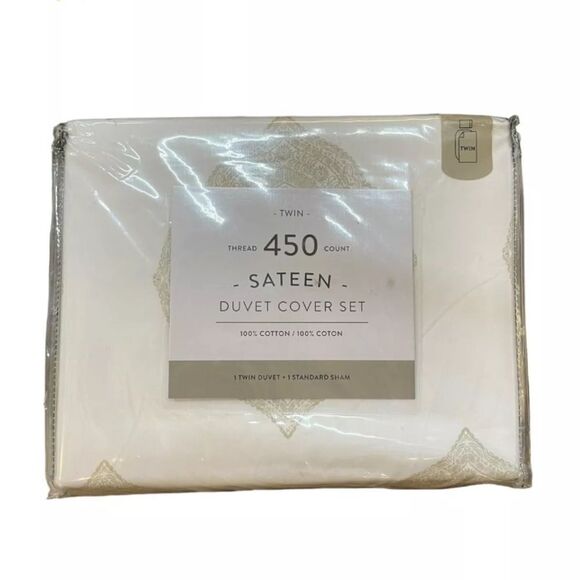 Medallion 450-THREAD-COUNT Cotton Sateen 2-Piece Twin Duvet Cover Set in Sand - Picture 1 of 4